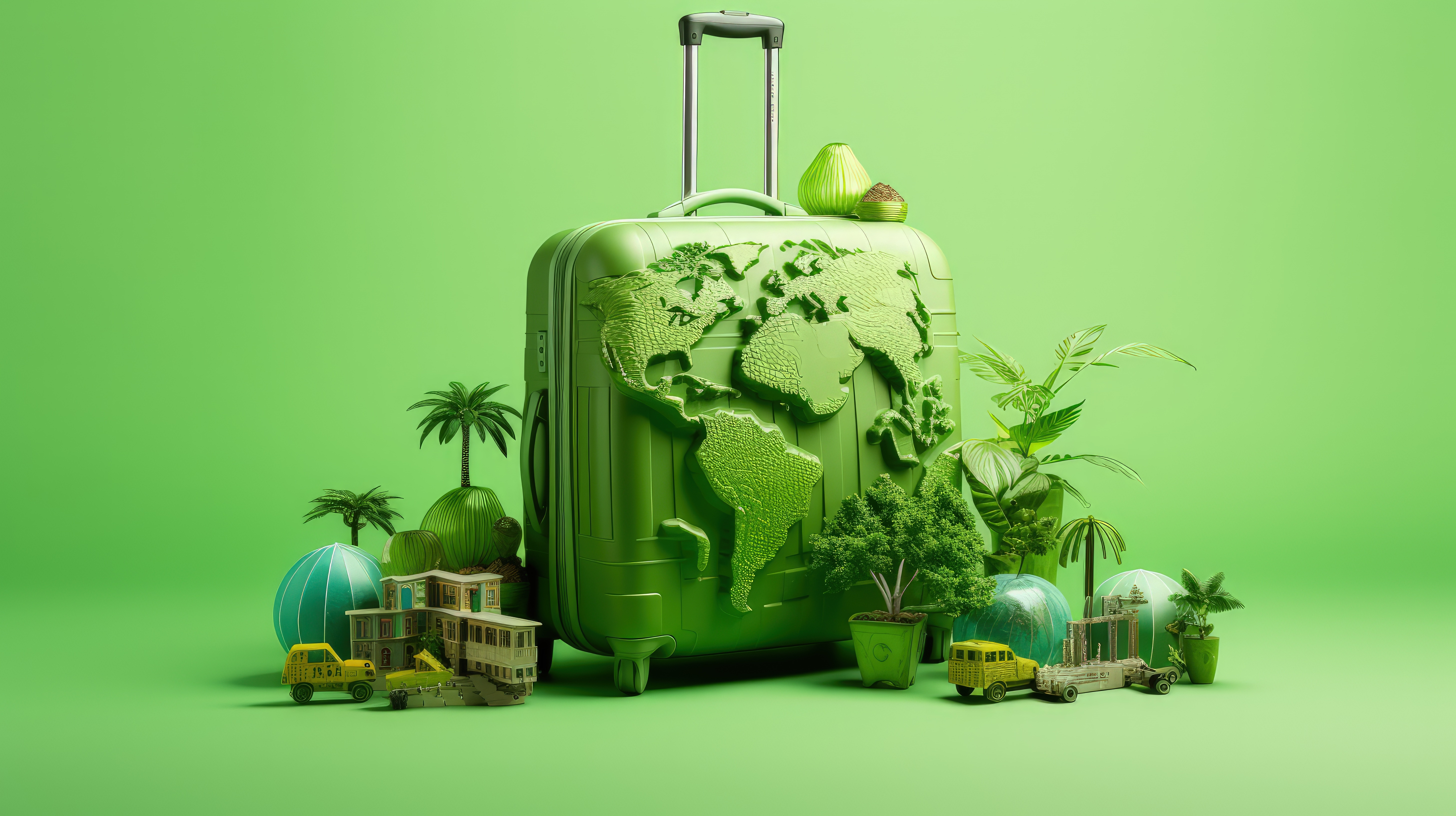 Green suitcase embossed with world map, surrounded by miniature palm trees, buildings, and a globe.